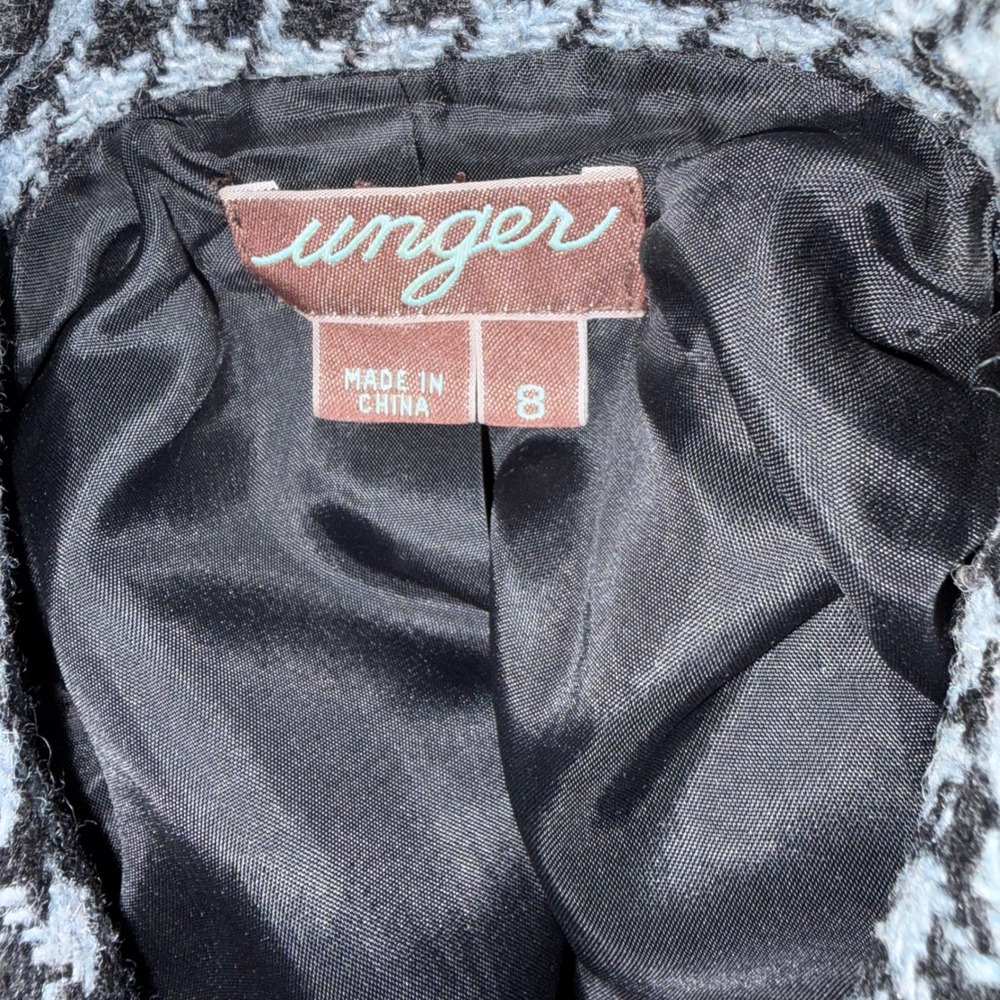 Unger Blazer Size 8 Blue Black Houndstooth Wool Blend Lace Trim Tailored Y2K - Picture 6 of 8